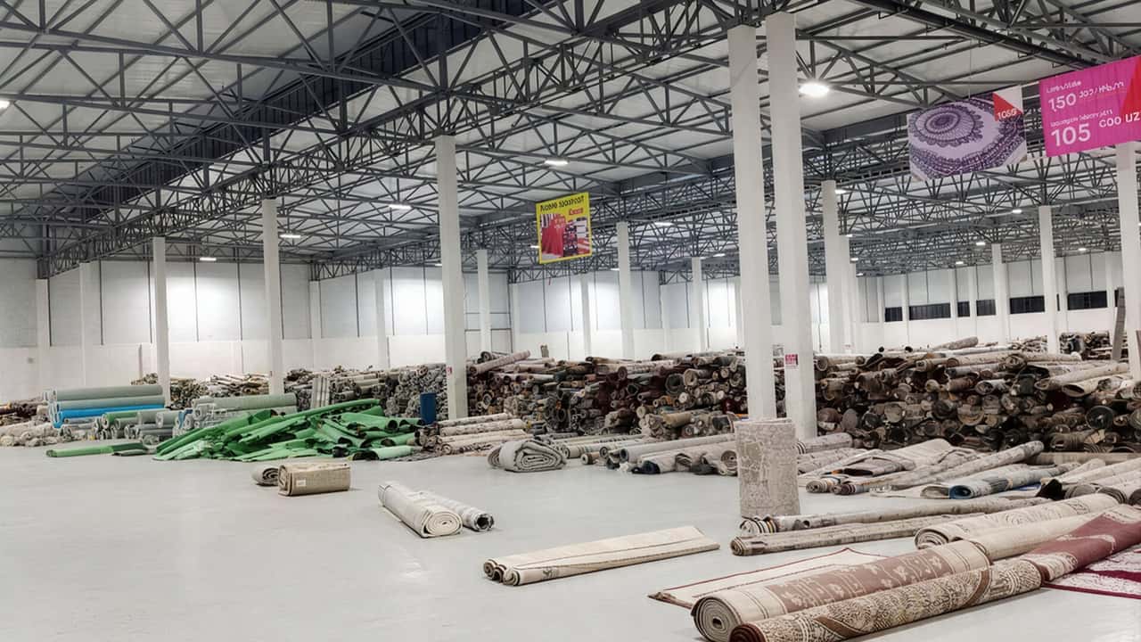 Крытый текстильный базар, светильники под фермами потолка